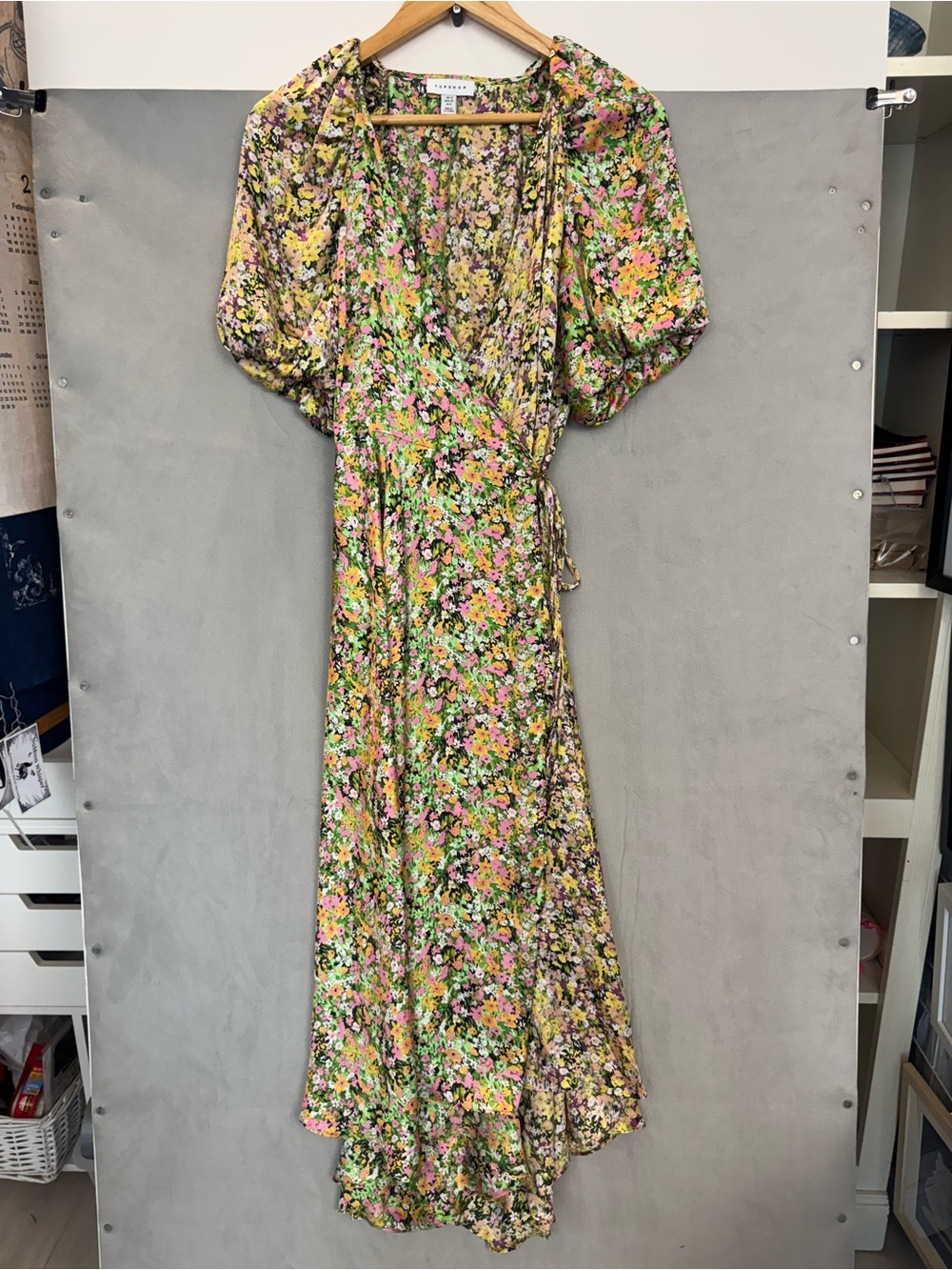 Topshop Floral Wrap Maxi Dress US 8 Pink Green Puff Sleeve Cottagecore Boho